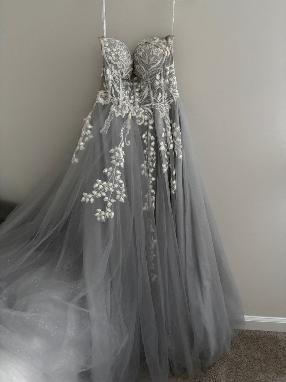 Strapless Gray Tulle Prom Dress with Ivory Floral Appliqué